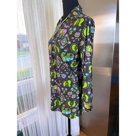 Vintage 70s top, black, neon psychedelic print, elephants, birds, flower power - Picture 5 of 10